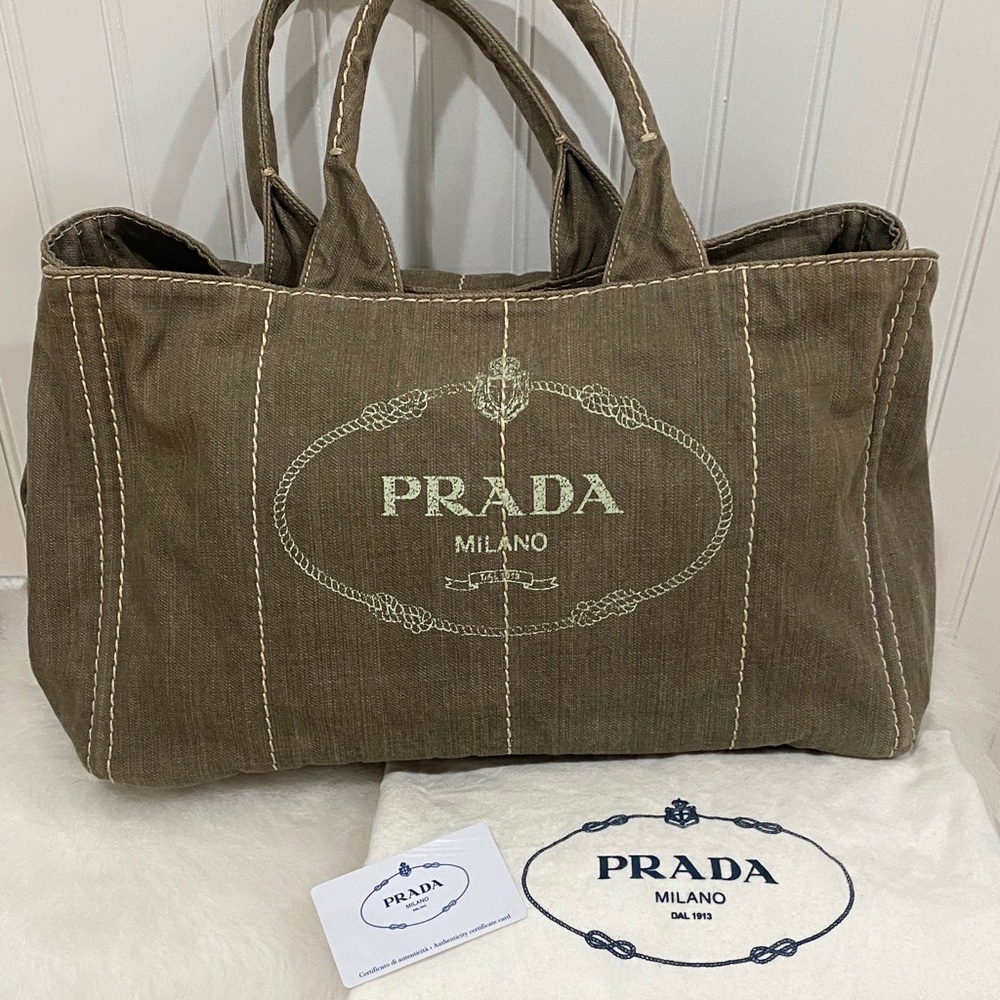 Prada Milano Olive Green Canvas Tote with certificate card and dust bag